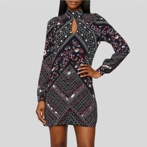 Express Boho Mini Dress Women's Size XS Black Floral Keyhole Tunic Festival Fall